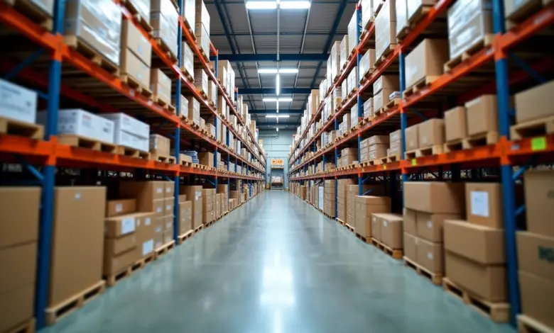 Estoque organizado de loja de materiais de construção com prateleiras cheias.