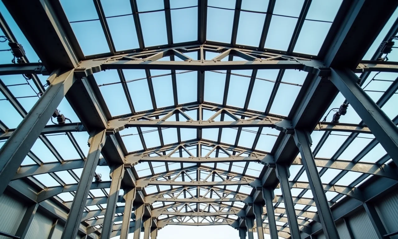 Estrutura de aço com vigas I, mostrando a construção.