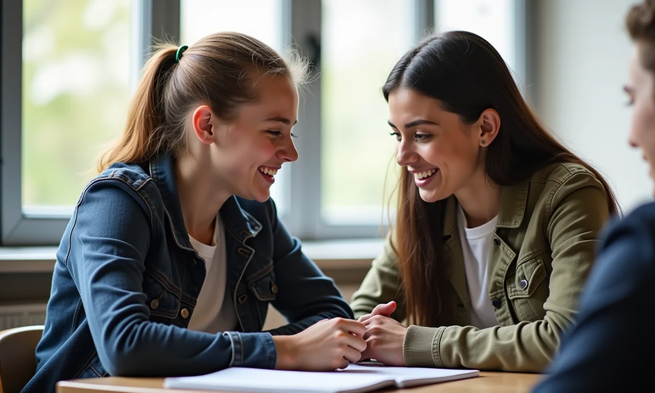 Estudantes adultos interagindo e colaborando.