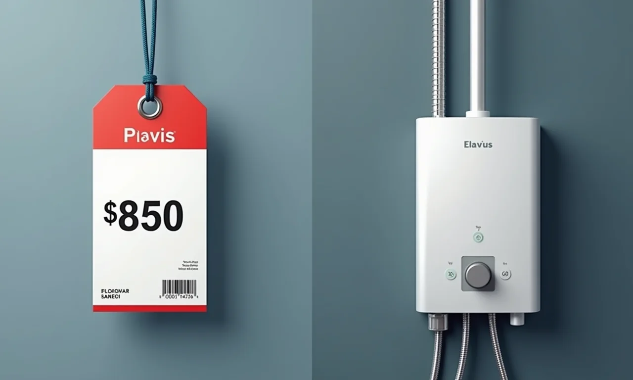 Etiquetas de preço comparando ducha simples e sistema de aquecimento complexo.