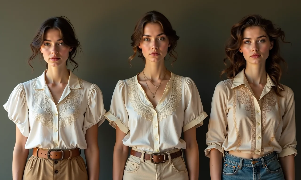 Evolução histórica da camisa feminina em um álbum de fotos.