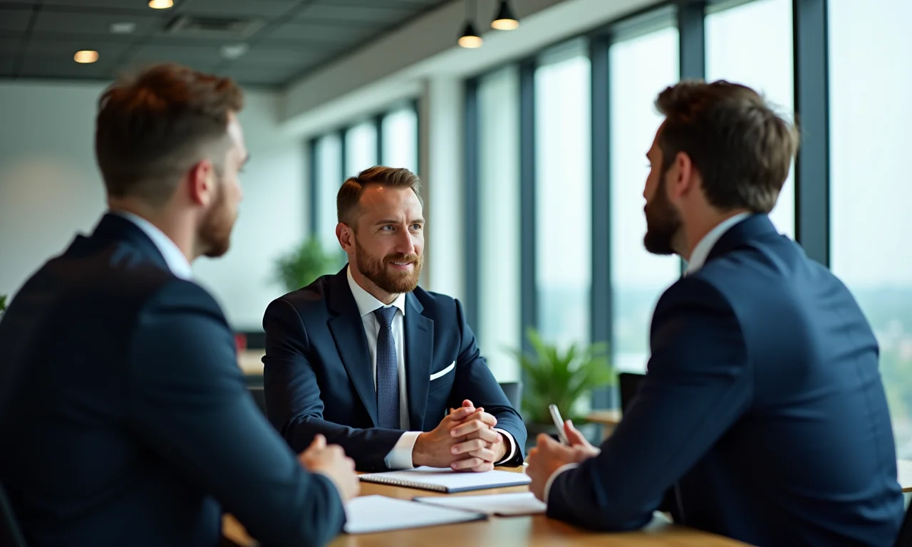 Executivos em ternos discutindo finanças em um escritório moderno, representando o poder da burguesia.