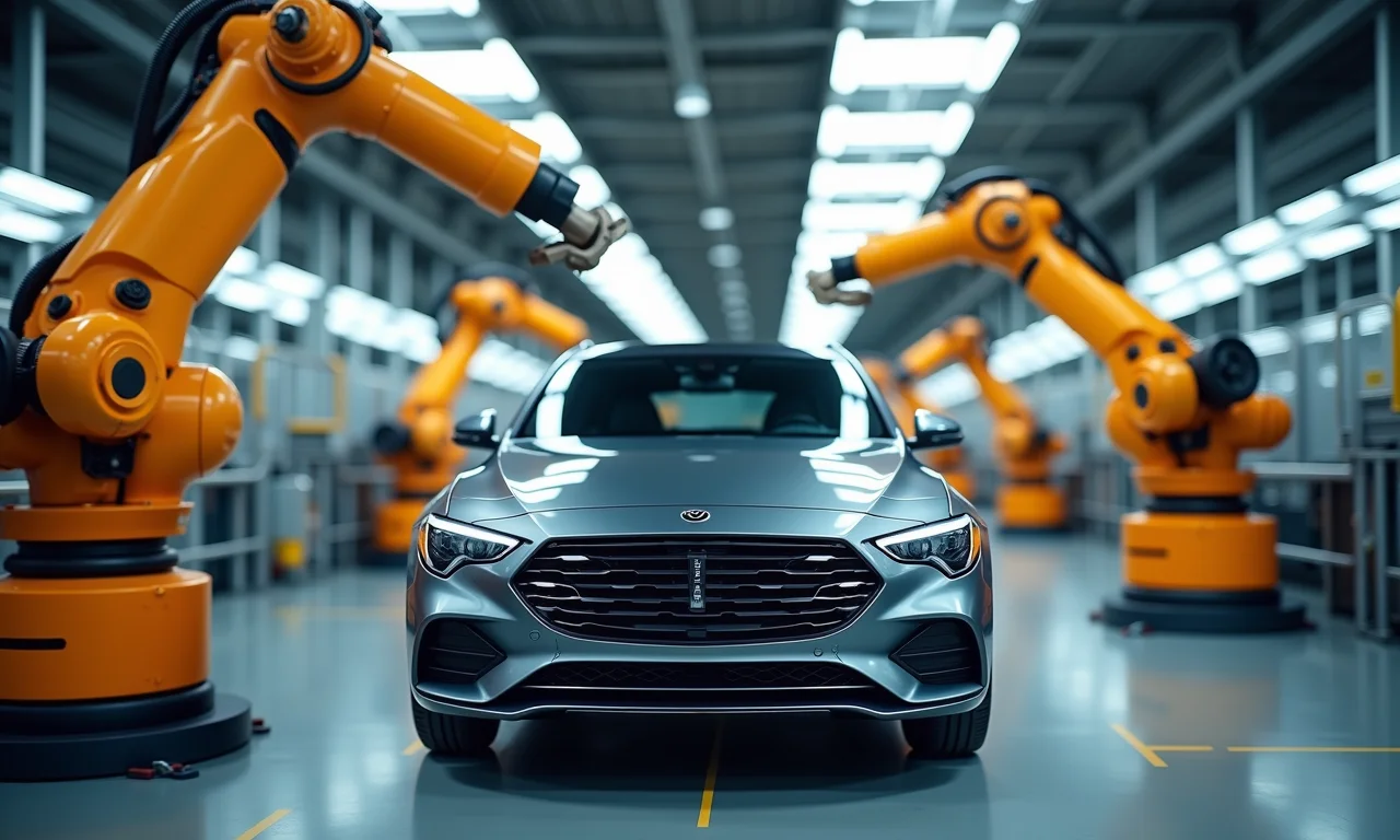 Fábrica moderna de carros com braços robóticos montando veículos.