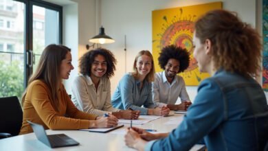 Equipe diversa trabalhando em agência de marketing digital moderna.