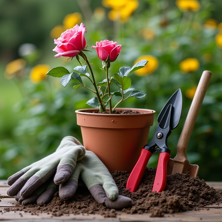 Ferramentas e materiais para plantar botão de rosa.