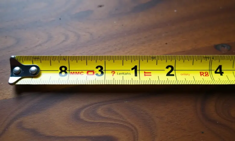 Fita métrica mostrando largura e comprimento em uma superfície de madeira.