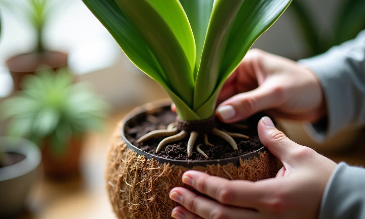 Fixando orquídea Vanda no vaso com fibra de coco.