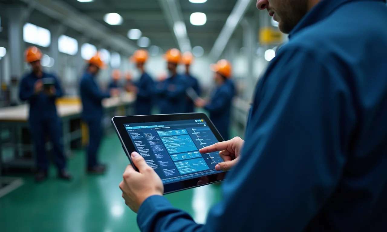 Fluxo de trabalho automatizado em tablet com diversos trabalhadores em fábrica ao fundo.