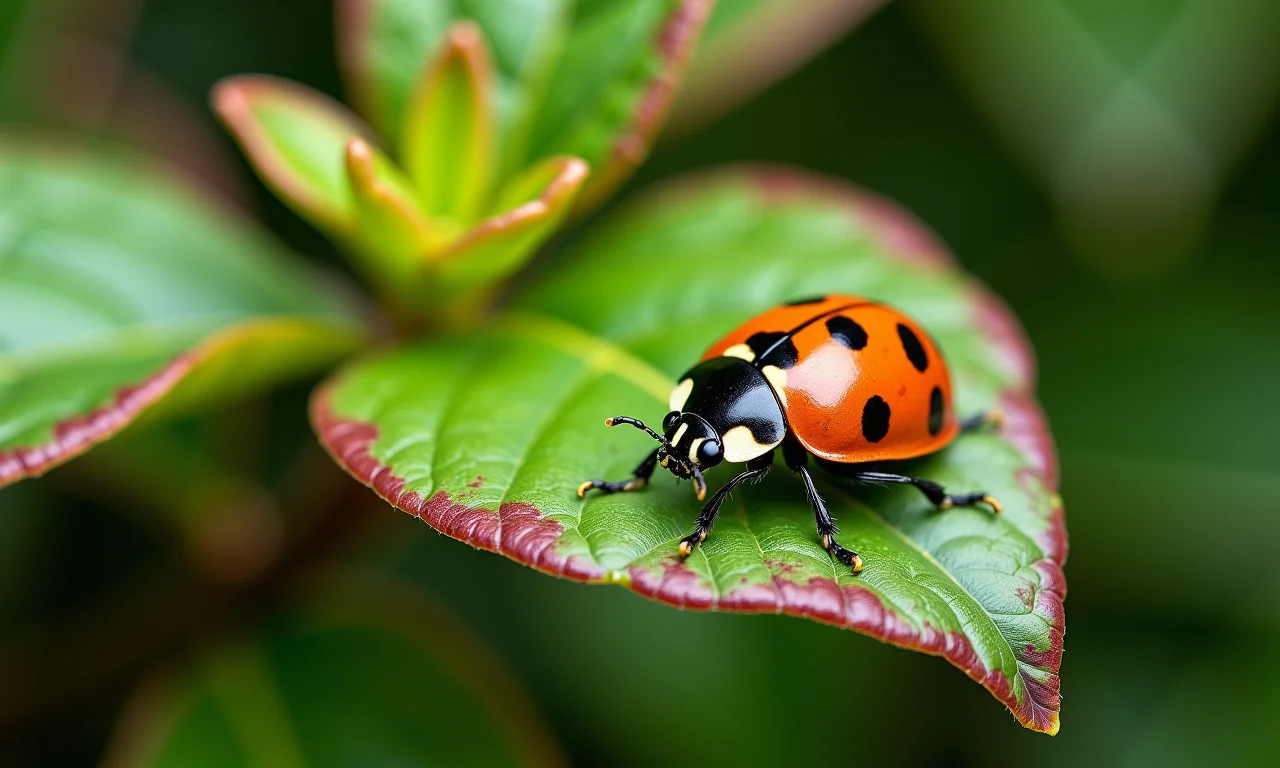 Folhas de azaleia com danos de insetos, joaninha no controle de pragas.