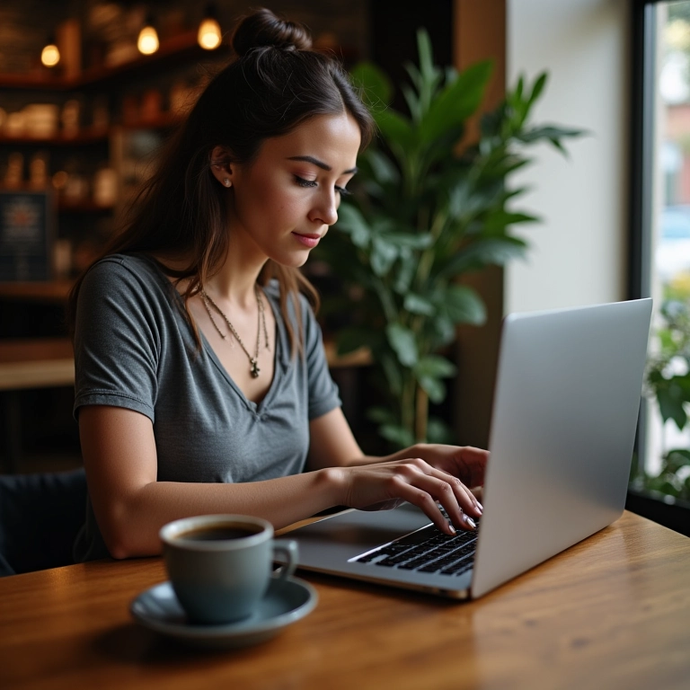 Freelancer trabalhando em laptop em café aconchegante.