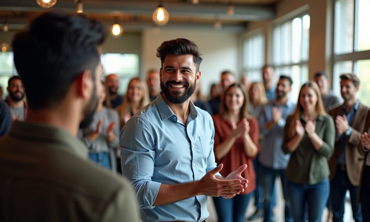 Funcionário recebendo prêmio de reconhecimento em escritório moderno.