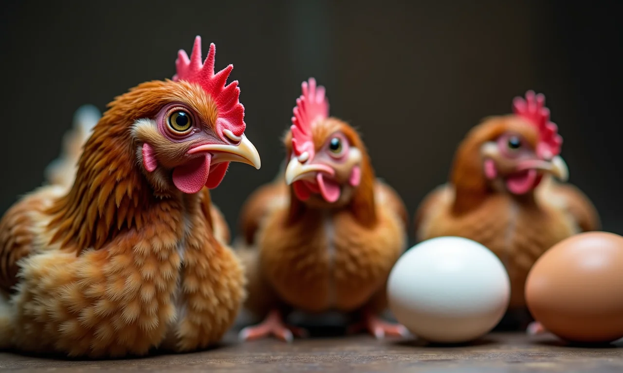 Galinha idosa ao lado de galinhas mais jovens, mostrando diferenças.