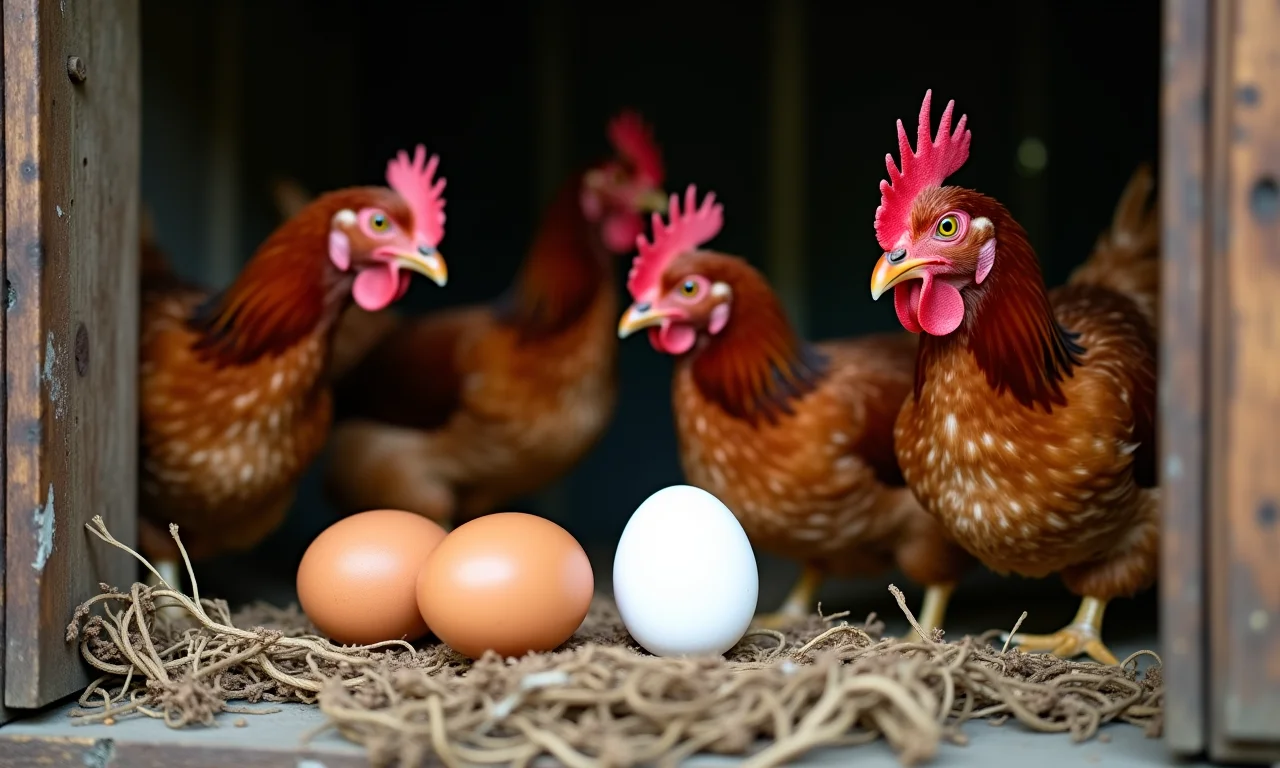 Galinhas caipiras em um galinheiro rústico, algumas botando ovos marrons.