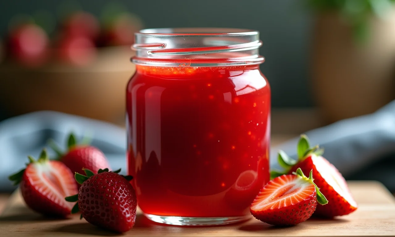 Geleia de morango caseira em pote de vidro, com morangos frescos ao redor.