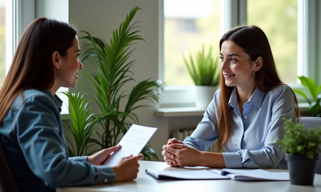 Gerente dando feedback construtivo a funcionário em ambiente de trabalho positivo, foco em gestão de desempenho.