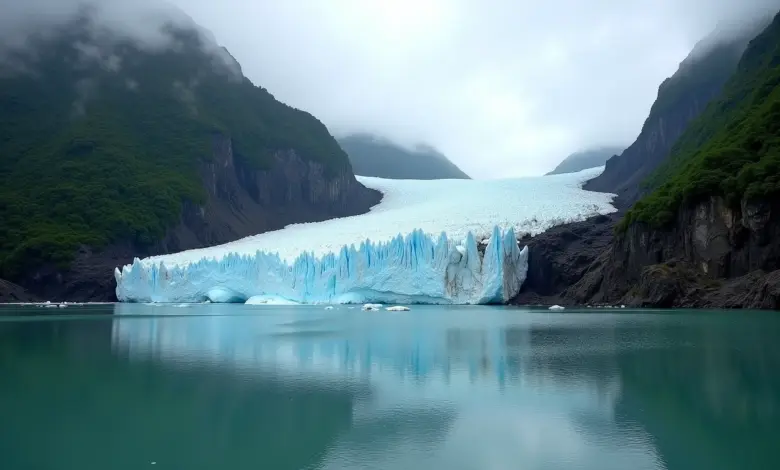 Glaciar derretendo ao lado de floresta tropical exuberante, representando mudanças climáticas e aquecimento global.
