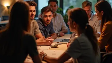 Grupo de empreendedores brasileiros colaborando em um espaço de co-working vibrante, representando impacto positivo e sucesso financeiro.