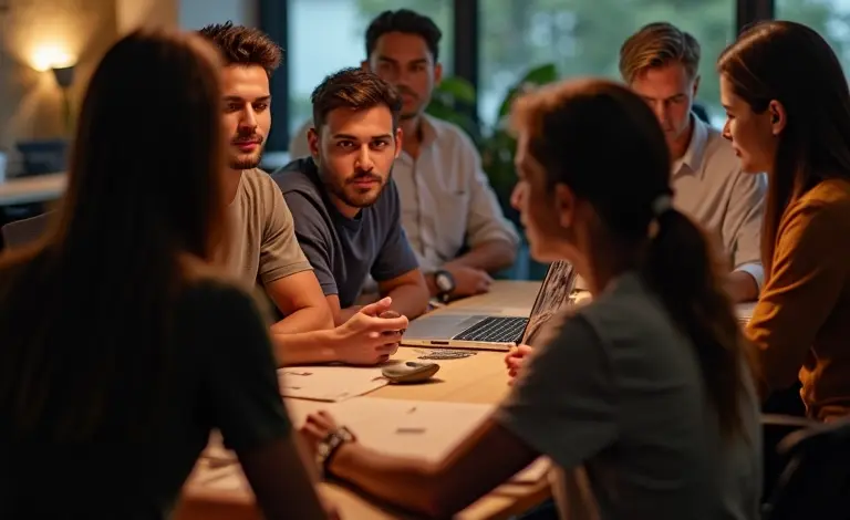 Grupo de empreendedores brasileiros colaborando em um espaço de co-working vibrante, representando impacto positivo e sucesso financeiro.