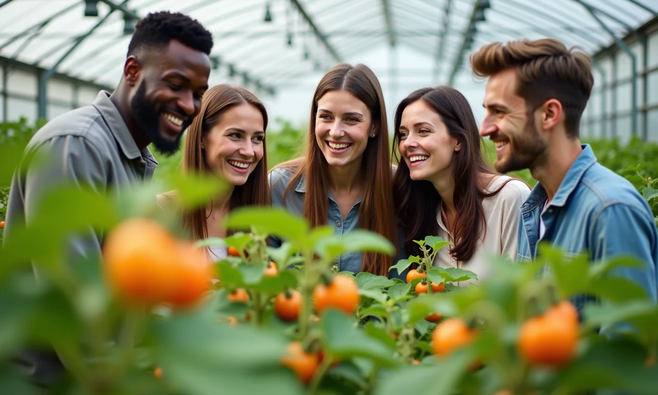 Grupo diversificado examinando plantas de physalis em estufa.