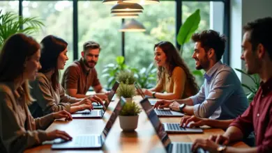 Grupo diverso colaborando com IA em ambiente de trabalho brasileiro.