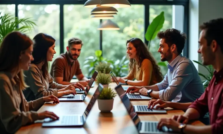 Grupo diverso colaborando com IA em ambiente de trabalho brasileiro.