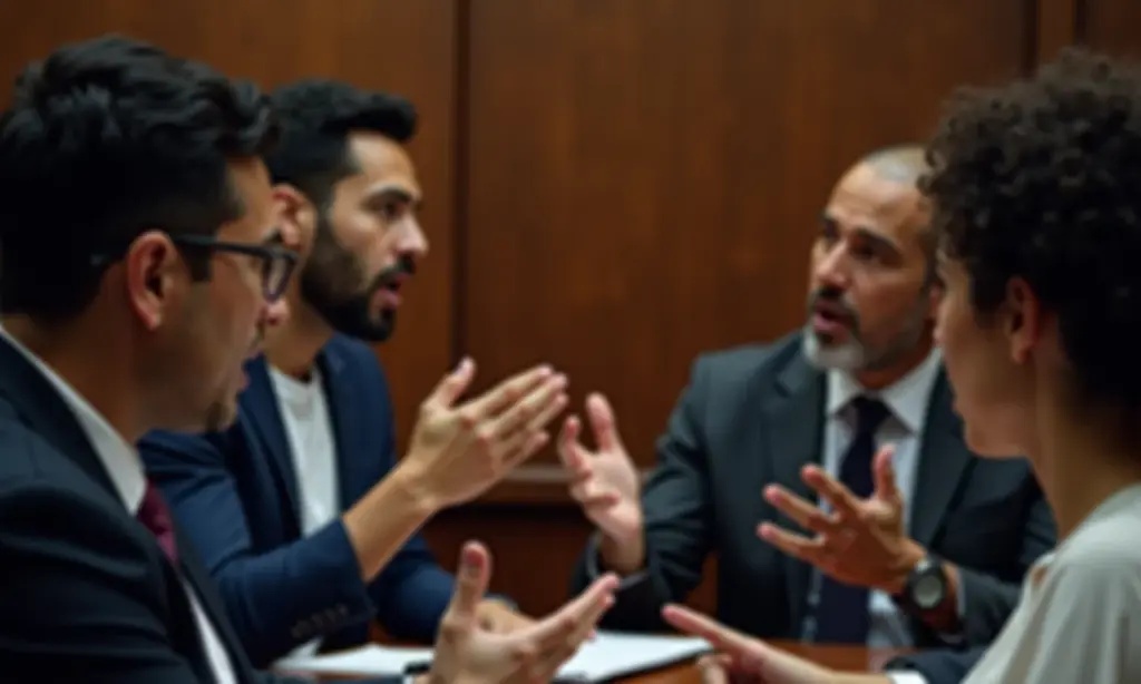 Como Fazer Uma Defesa Grupo diverso de brasileiros engajados em um debate apaixonado em tribunal.