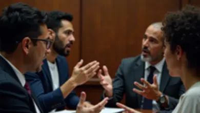 Grupo diverso de brasileiros engajados em um debate apaixonado em tribunal.