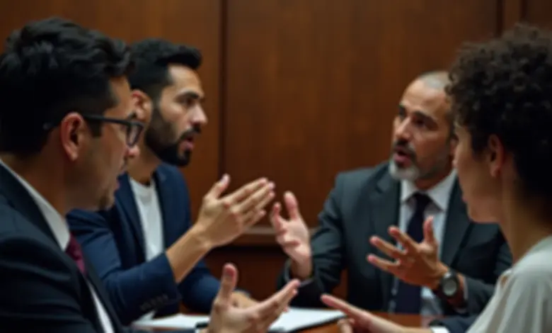 Grupo diverso de brasileiros engajados em um debate apaixonado em tribunal.