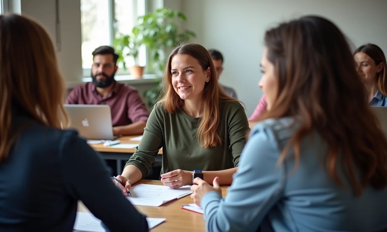 Grupo diverso de estudantes participando ativamente.