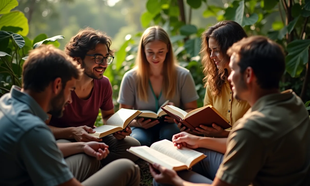 Grupo diverso de pessoas lendo e discutindo diferentes versões da Bíblia.