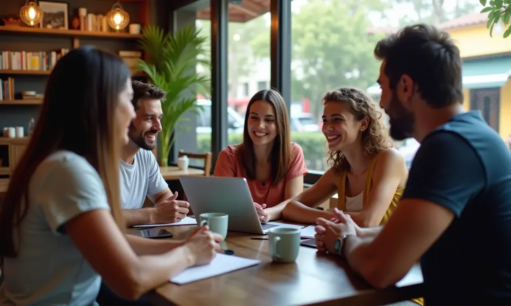 Qual A Diferença Entre Descriminalização E Legalização? Grupo diverso debatendo descriminalização e legalização em café brasileiro.