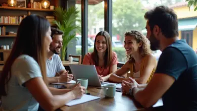 Grupo diverso debatendo descriminalização e legalização em café brasileiro.