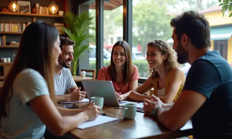 Grupo diverso debatendo descriminalização e legalização em café brasileiro.