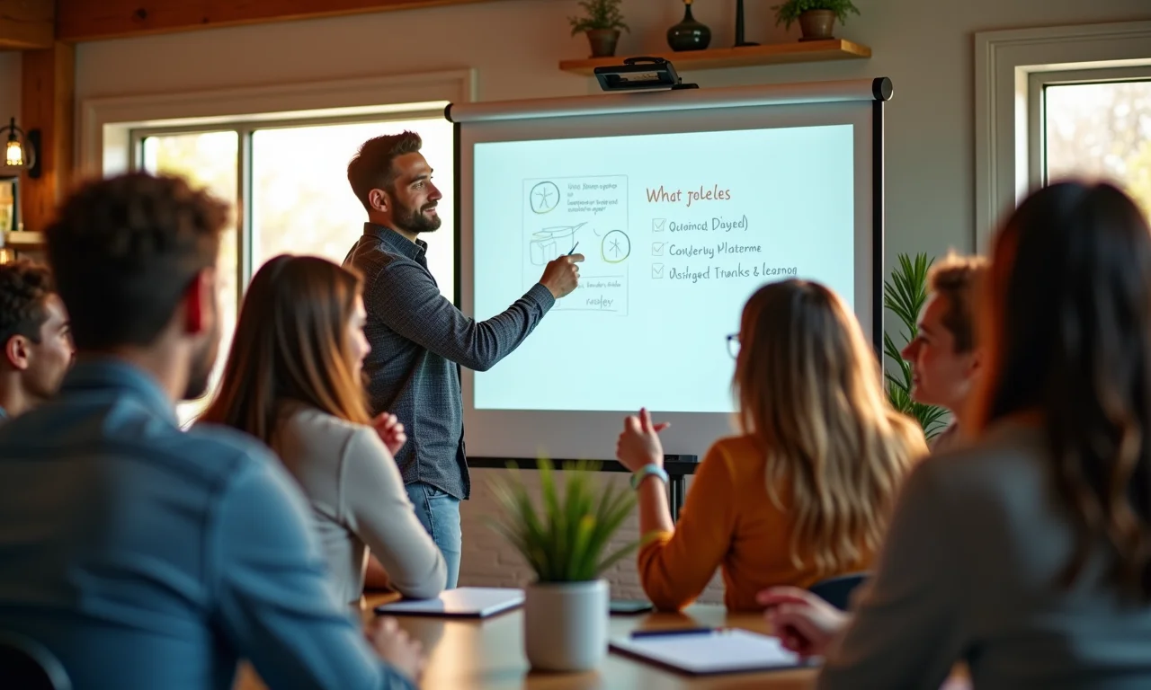 Grupo diverso participando de treinamento em sala com decoração vibrante, foco em desenvolvimento profissional.