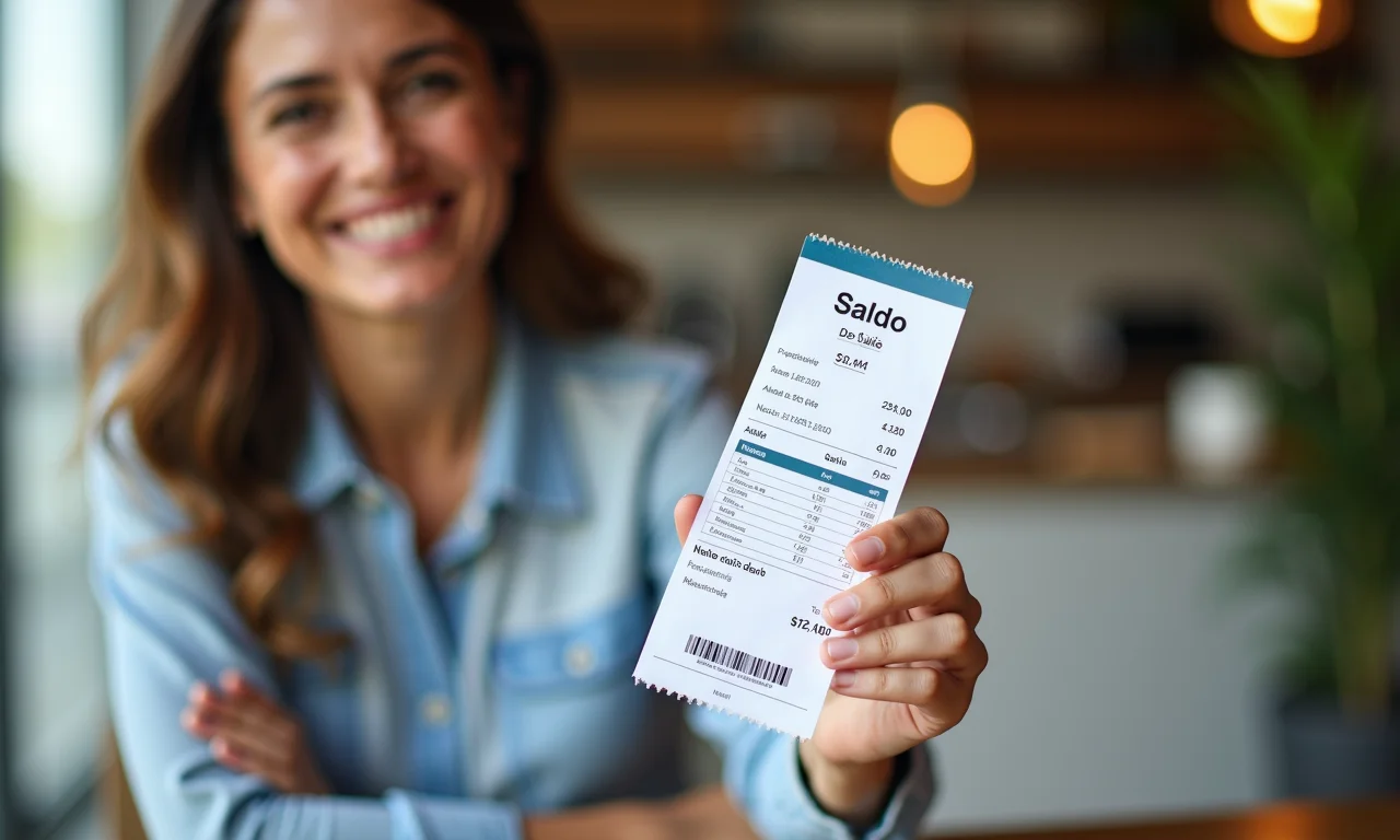 Holerite exibindo 'Saldo de Salário', com mulher sorrindo ao fundo em ambiente brasileiro.