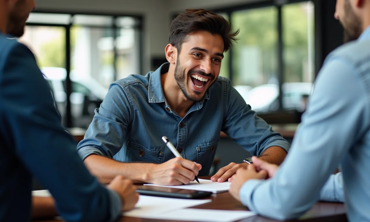 Homem assinando contrato de financiamento de moto com entusiasmo.