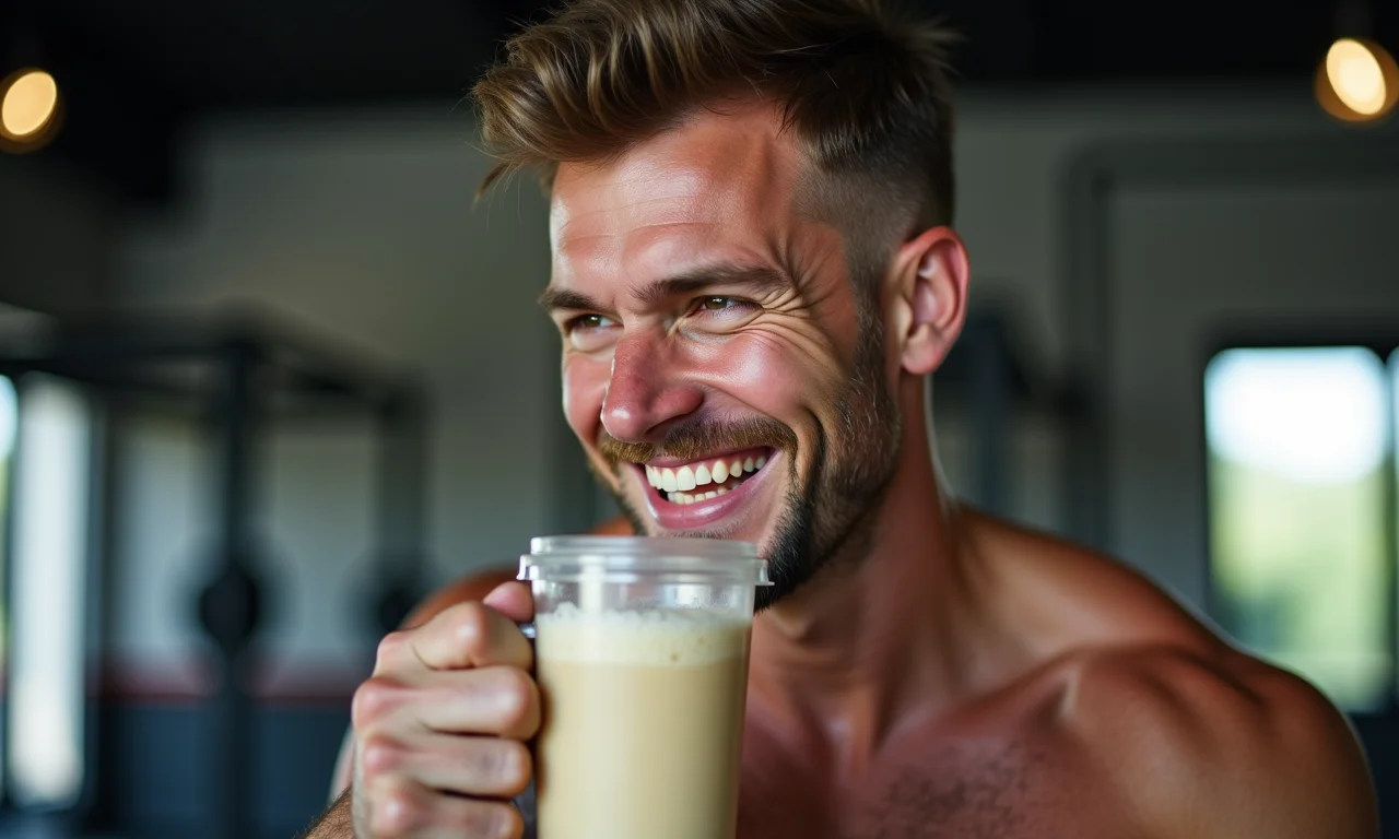 Homem bebendo shake de whey isolado após treino.