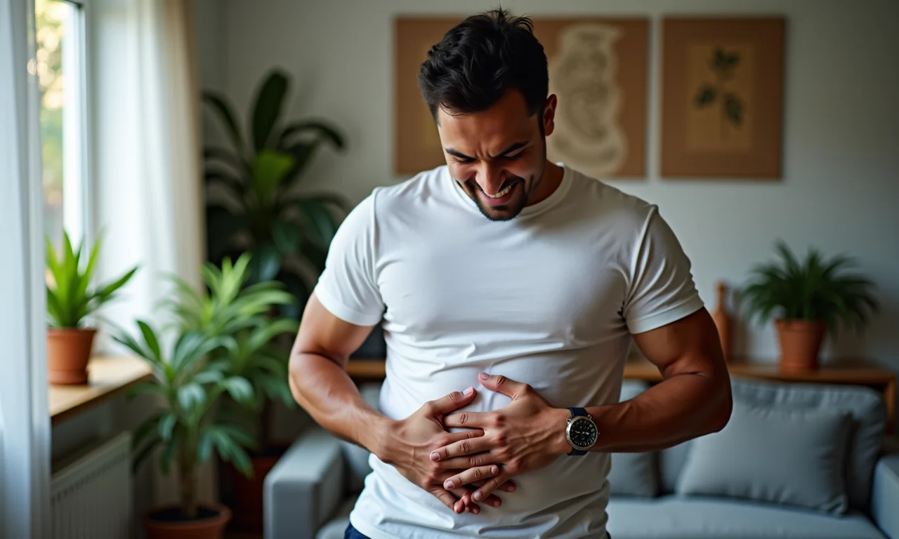 Homem brasileiro sentindo náuseas, um sintoma da Síndrome de Couvade.