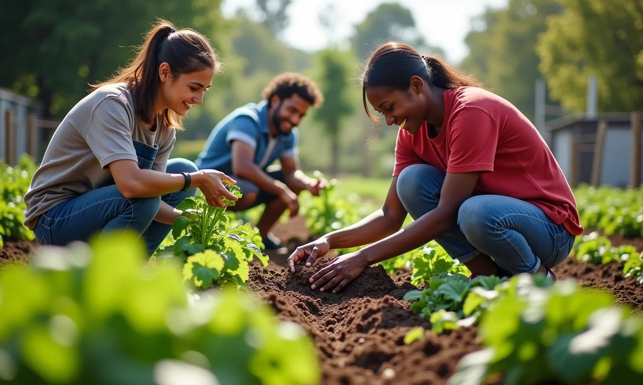 Horta comunitária com pessoas trabalhando juntas, representando os benefícios sociais da economia circular.
