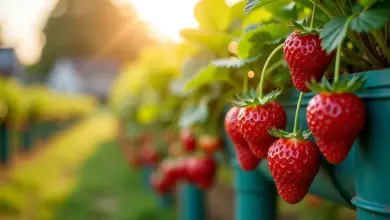 Horta vertical de morangos em canos de PVC exuberante e cheia de frutos maduros.