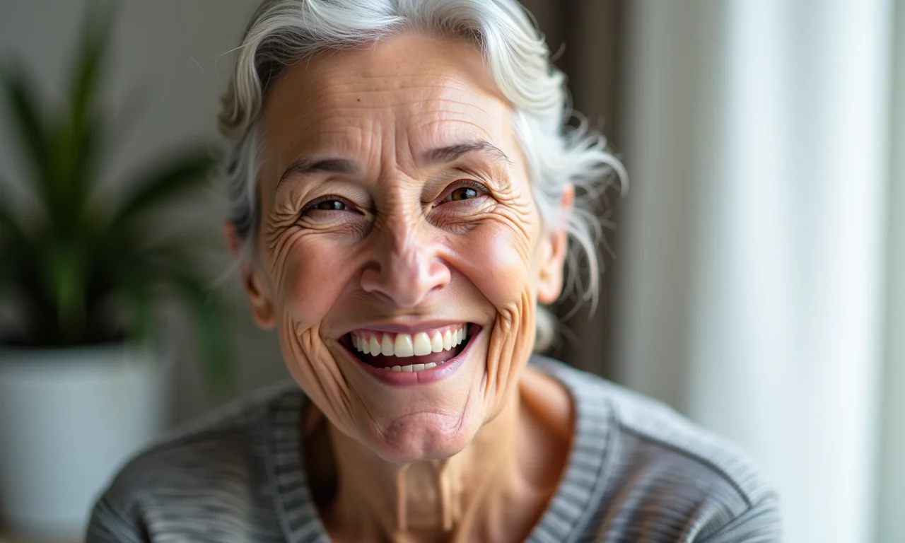 Idosa sorrindo com protocolo dentário fixo.