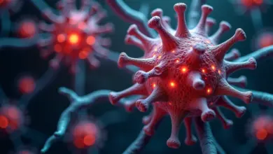 Ilustração detalhada de células inflamadas e saudáveis, demonstrando a diferença entre inflamação aguda e crônica.