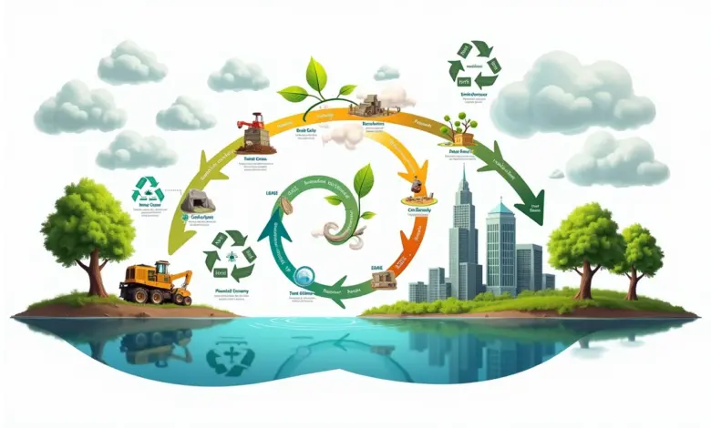Infográfico comparando economia linear e circular, destacando o ciclo de vida dos produtos.