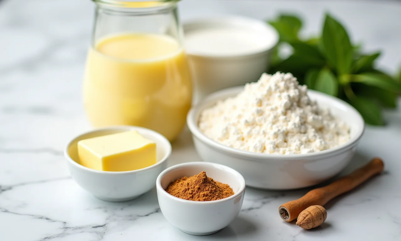 Ingredientes frescos para molho branco: leite, manteiga, farinha, noz-moscada, pimenta branca.