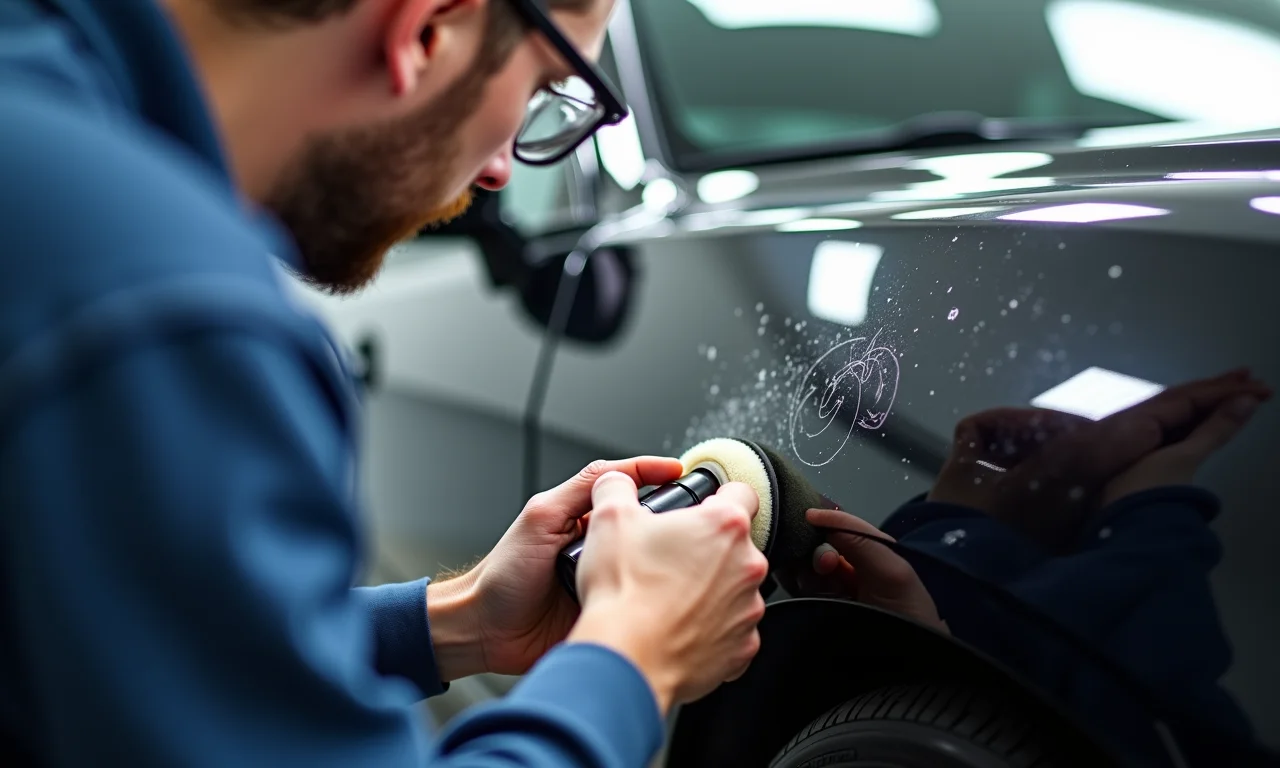 Inspeção de marcas e arranhões na pintura do carro antes do polimento.