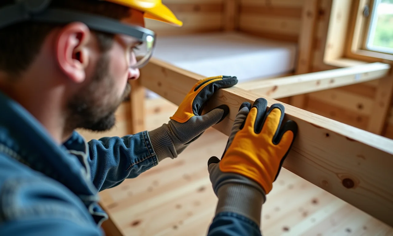 Inspeção de segurança de viga de madeira para beliche.