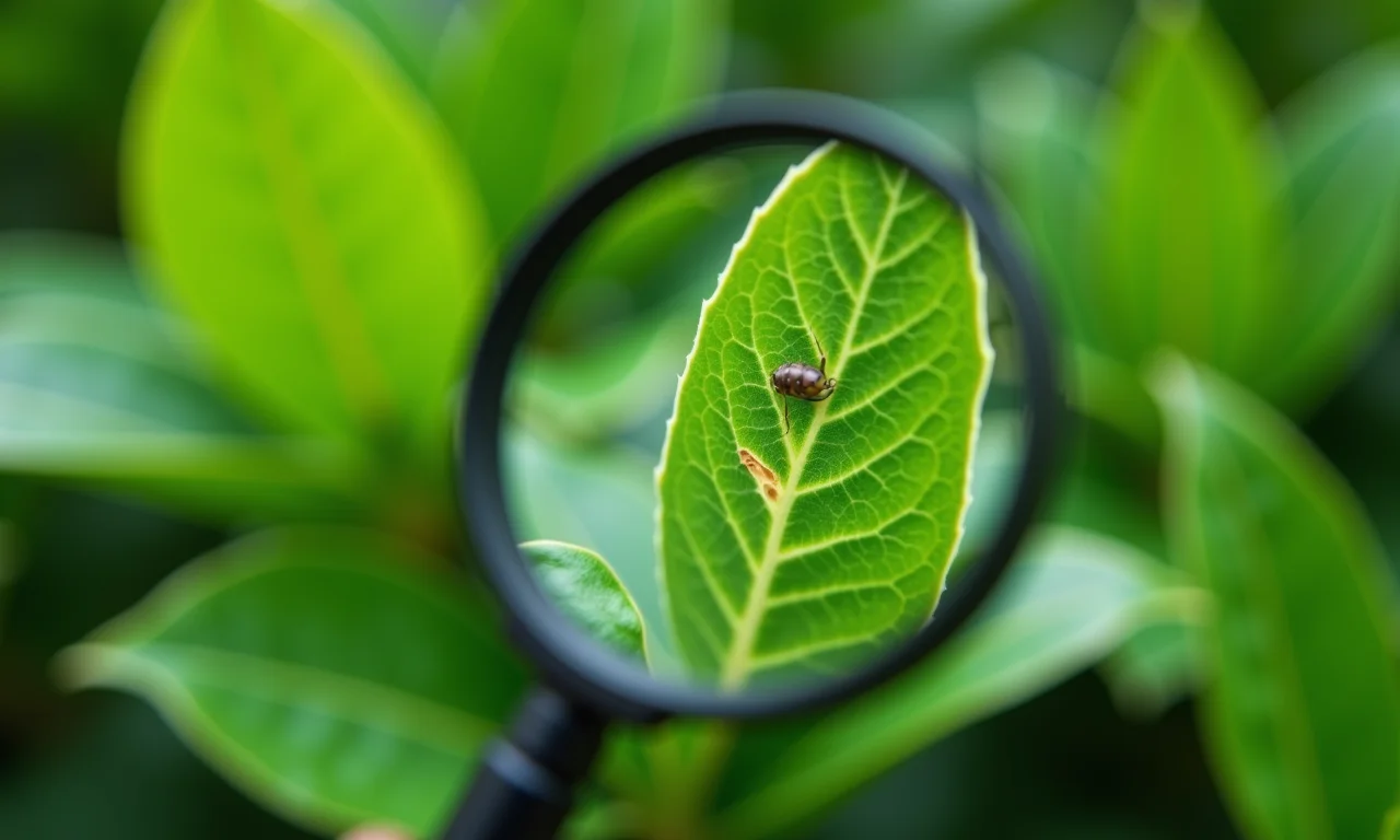 Inspecionando folhas de jasmim em busca de pragas e doenças.