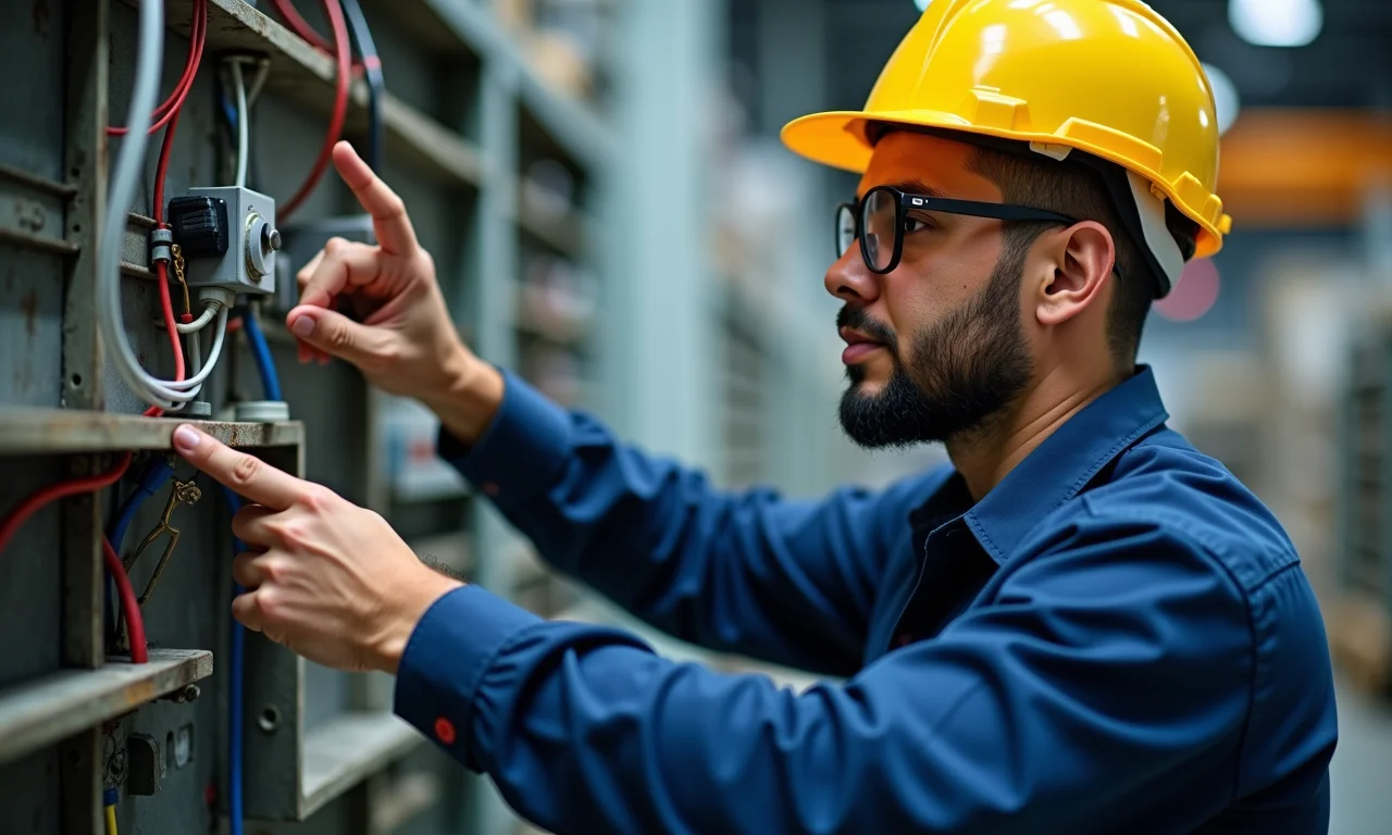 Inspetor de segurança aponta fiação exposta em fábrica.