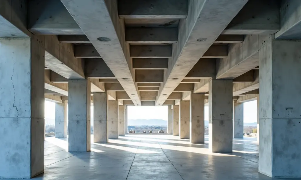 Intersecção de vigas e colunas em construção, demonstrando a estrutura.