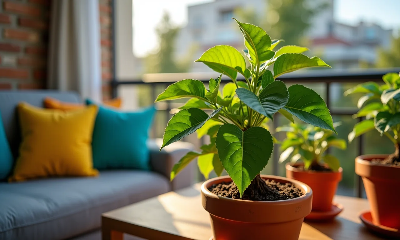 Jambu plantado em vaso em varanda ensolarada.